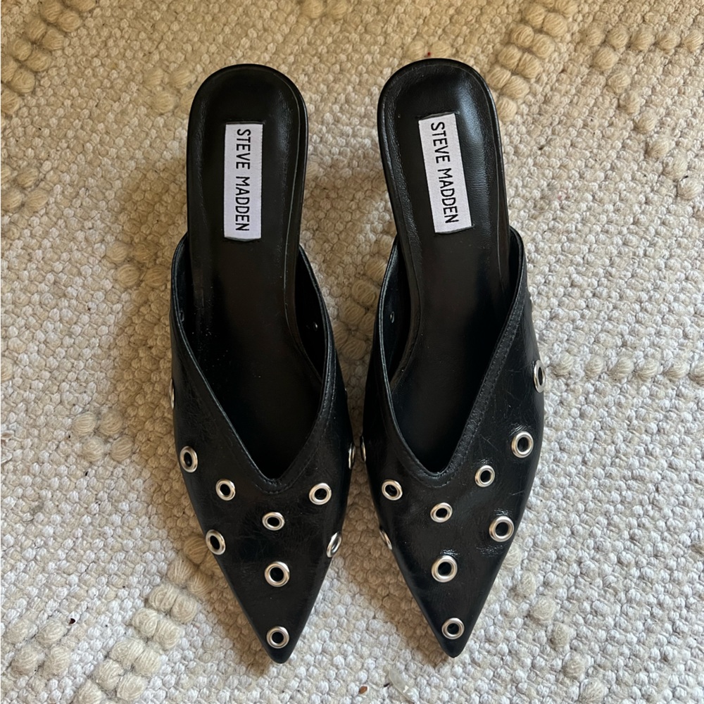 Steve Madden Black Eyelet Kitten Heel Mules